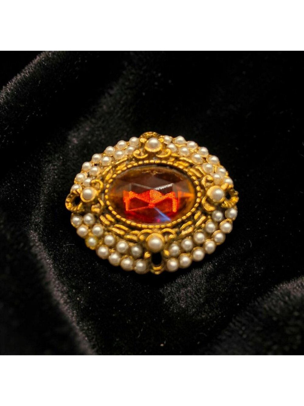 Vintage Gold-Tone Brooch Amber Glass Gemstone Faux Seed Pearl Accents
